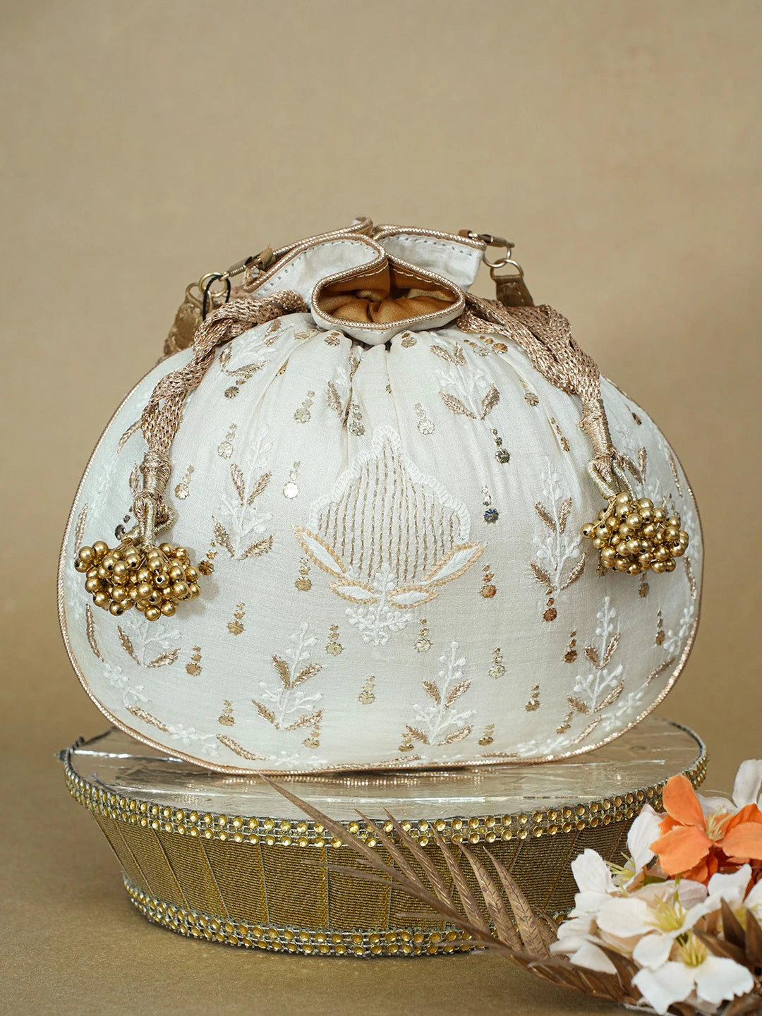Ada Hand Embroidered White Eggshell Silk Lucknowi Chikankari Potli Bag With Zari Work 01A663922