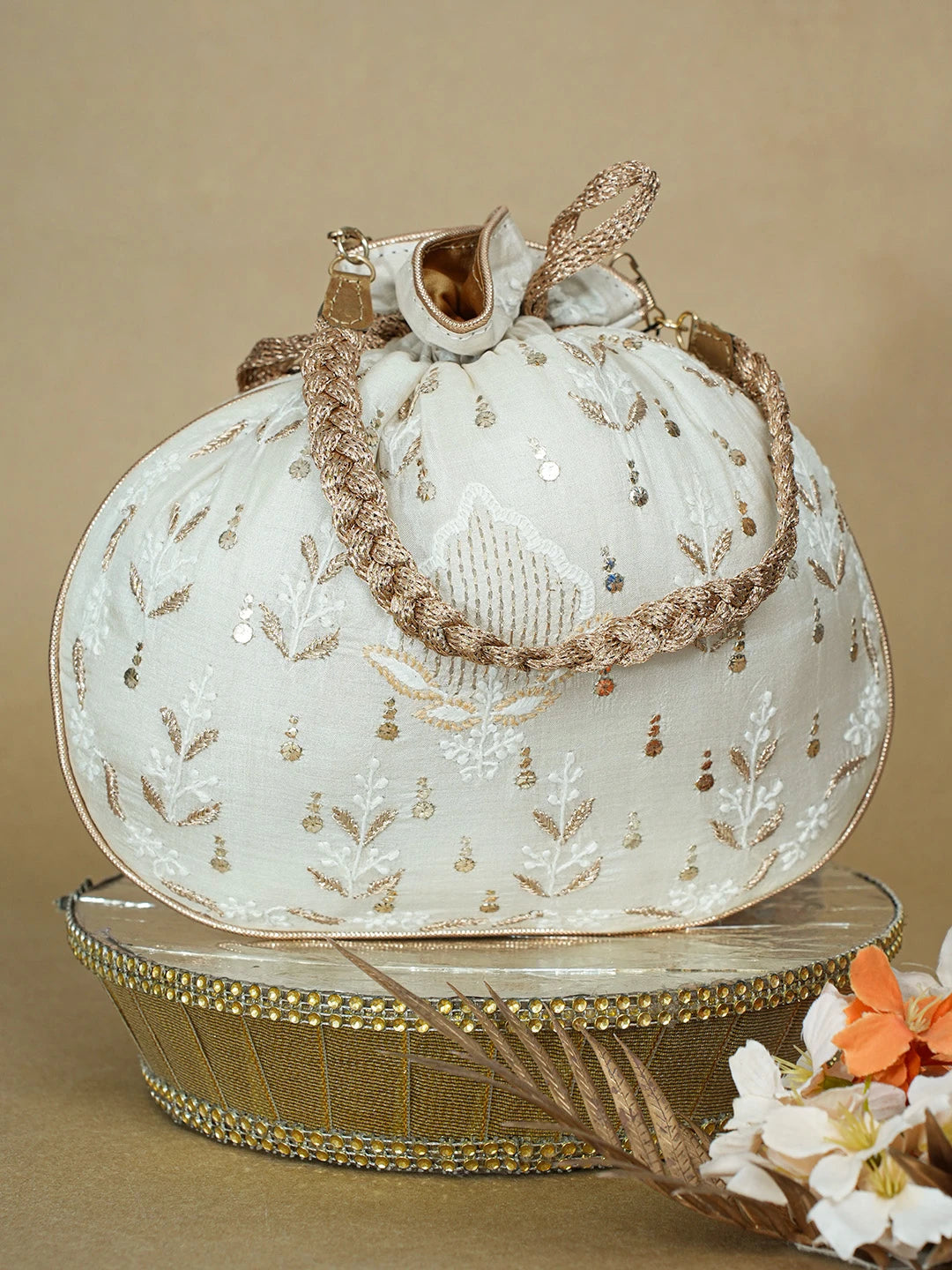 Ada Hand Embroidered White Eggshell Silk Lucknowi Chikankari Potli Bag With Zari Work 01A663922