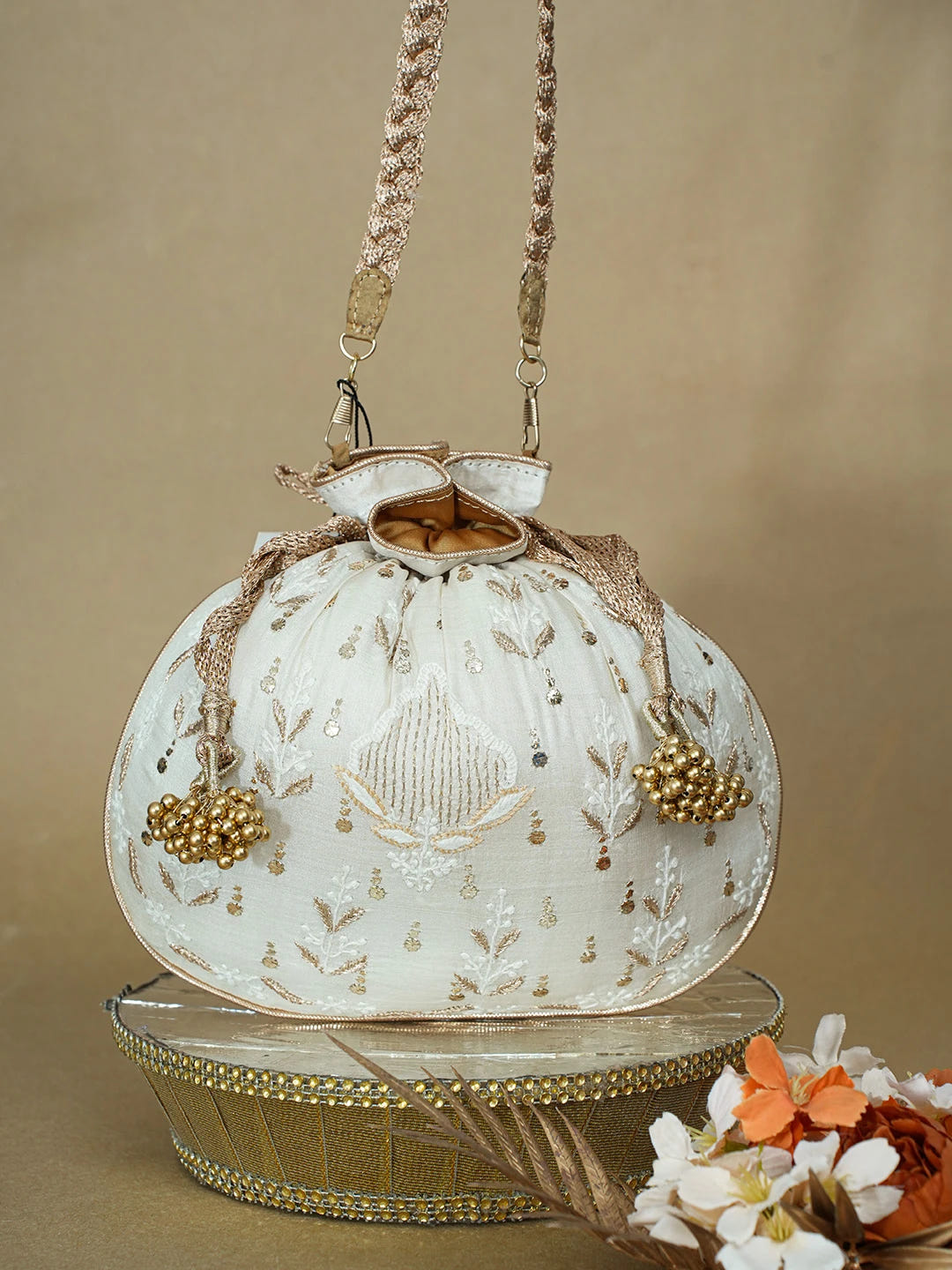 Ada Hand Embroidered White Eggshell Silk Lucknowi Chikankari Potli Bag With Zari Work 01A663922