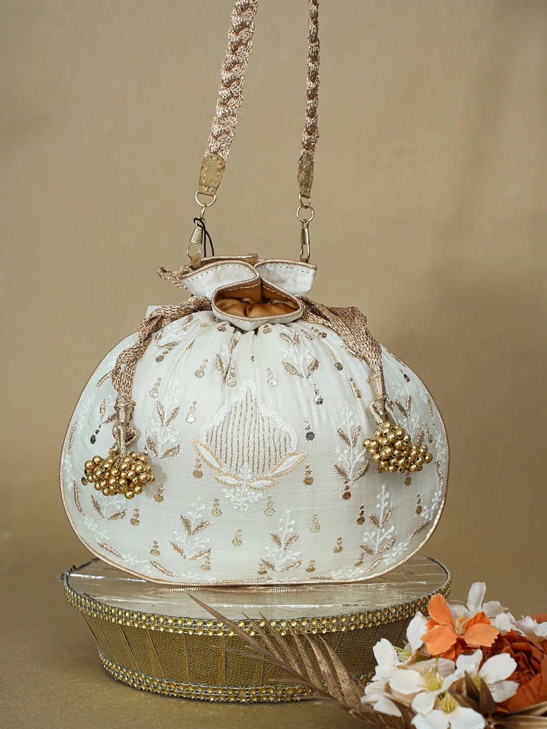 Ada Hand Embroidered White Eggshell Silk Lucknowi Chikankari Potli Bag With Zari Work 01A663922