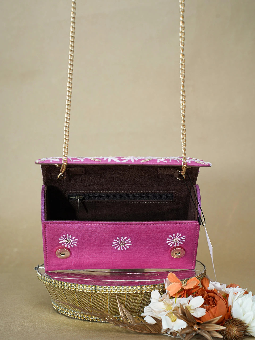 Ada Hand Embroidered Magenta Silk Lucknowi Chikankari Clutch With Zari Work 01A634094