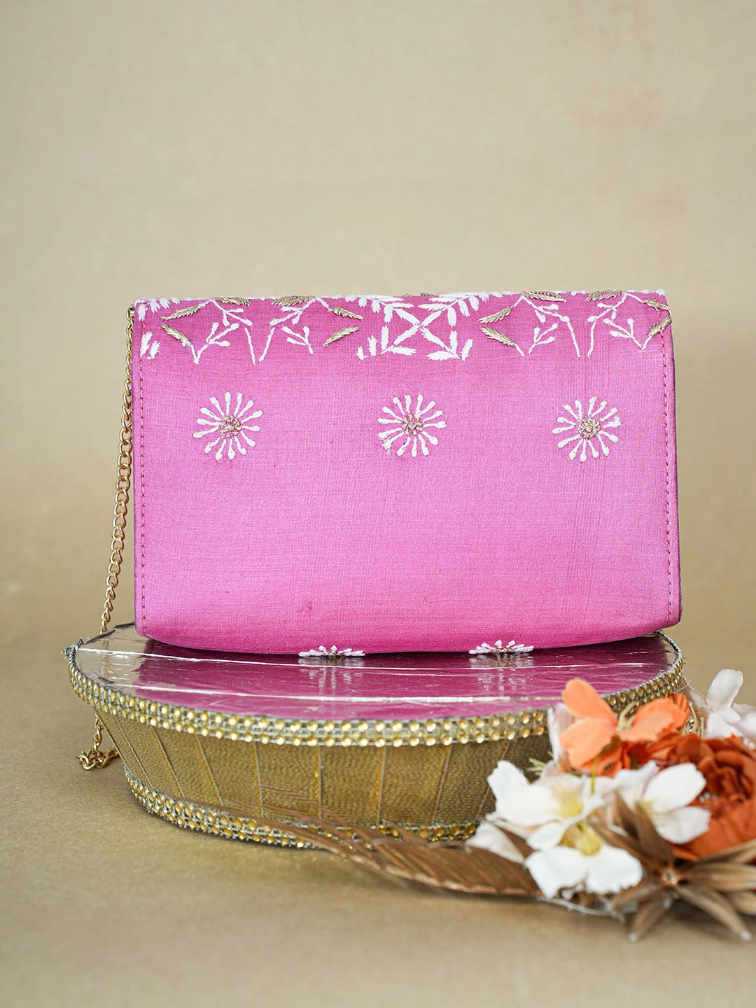 Ada Hand Embroidered Magenta Silk Lucknowi Chikankari Clutch With Zari Work 01A634094