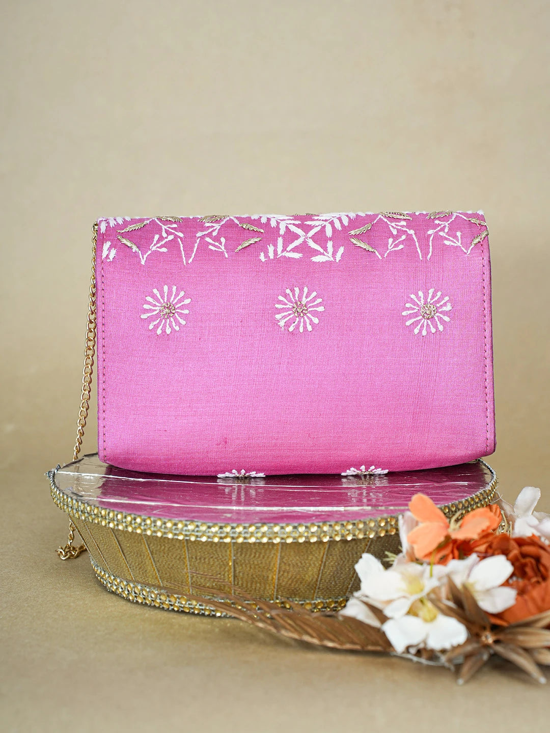 Ada Hand Embroidered Magenta Silk Lucknowi Chikankari Clutch With Zari Work 01A634094