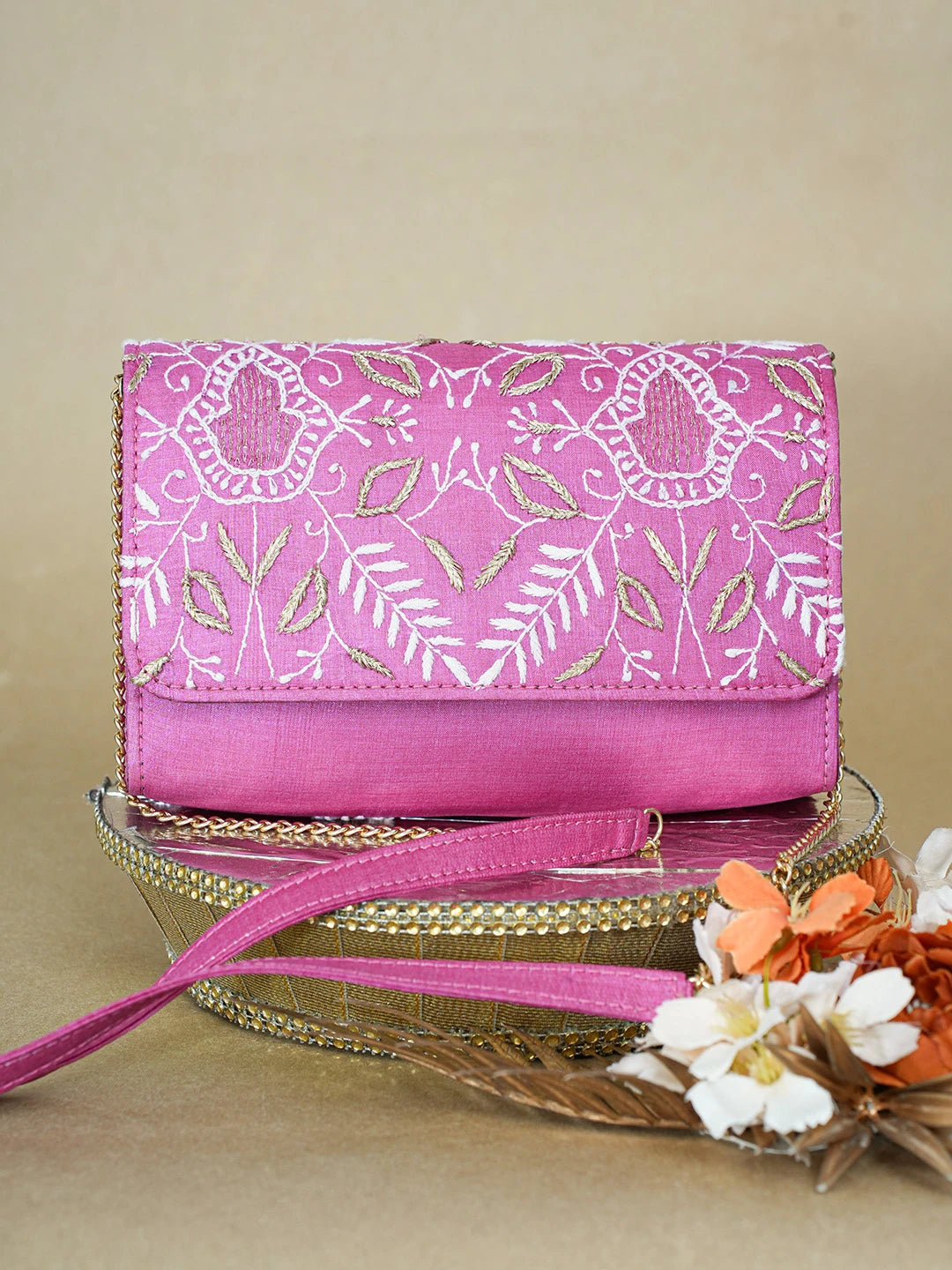 Ada Hand Embroidered Magenta Silk Lucknowi Chikankari Clutch With Zari Work 01A634094