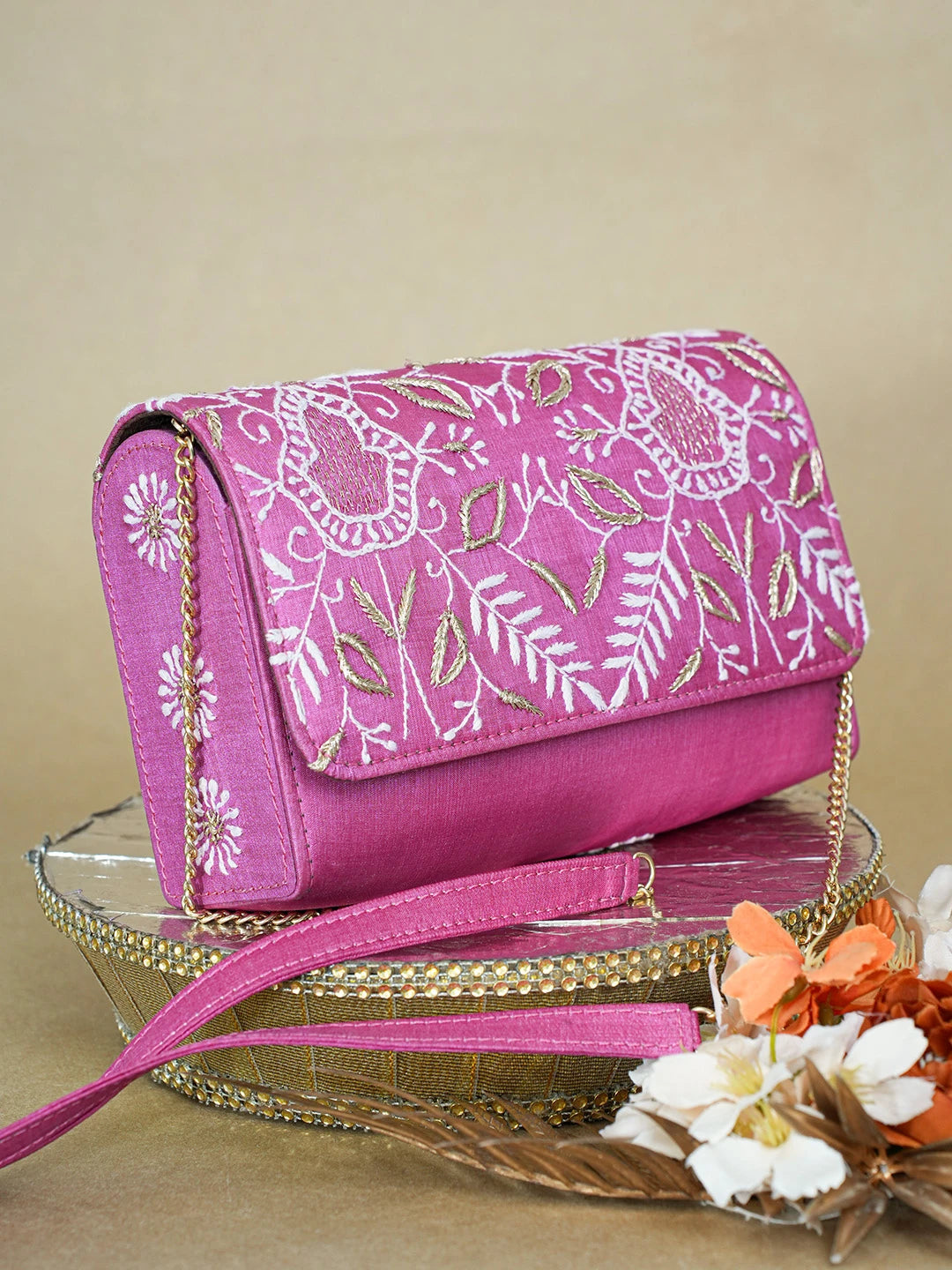 Ada Hand Embroidered Magenta Silk Lucknowi Chikankari Clutch With Zari Work 01A634094