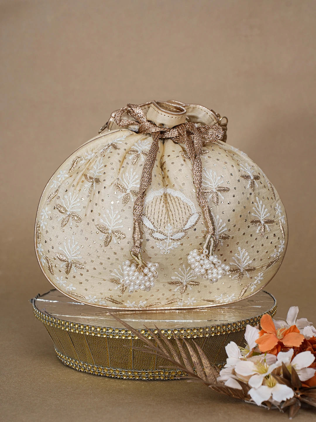 Ada Hand Embroidered Beige Gold Silk Lucknowi Chikankari Potli Bag With Zari Work 01A663918