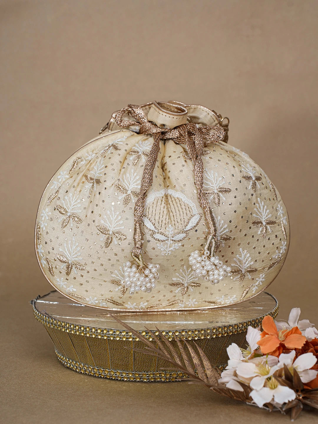 Ada Hand Embroidered Beige Gold Silk Lucknowi Chikankari Potli Bag With Zari Work 01A663918