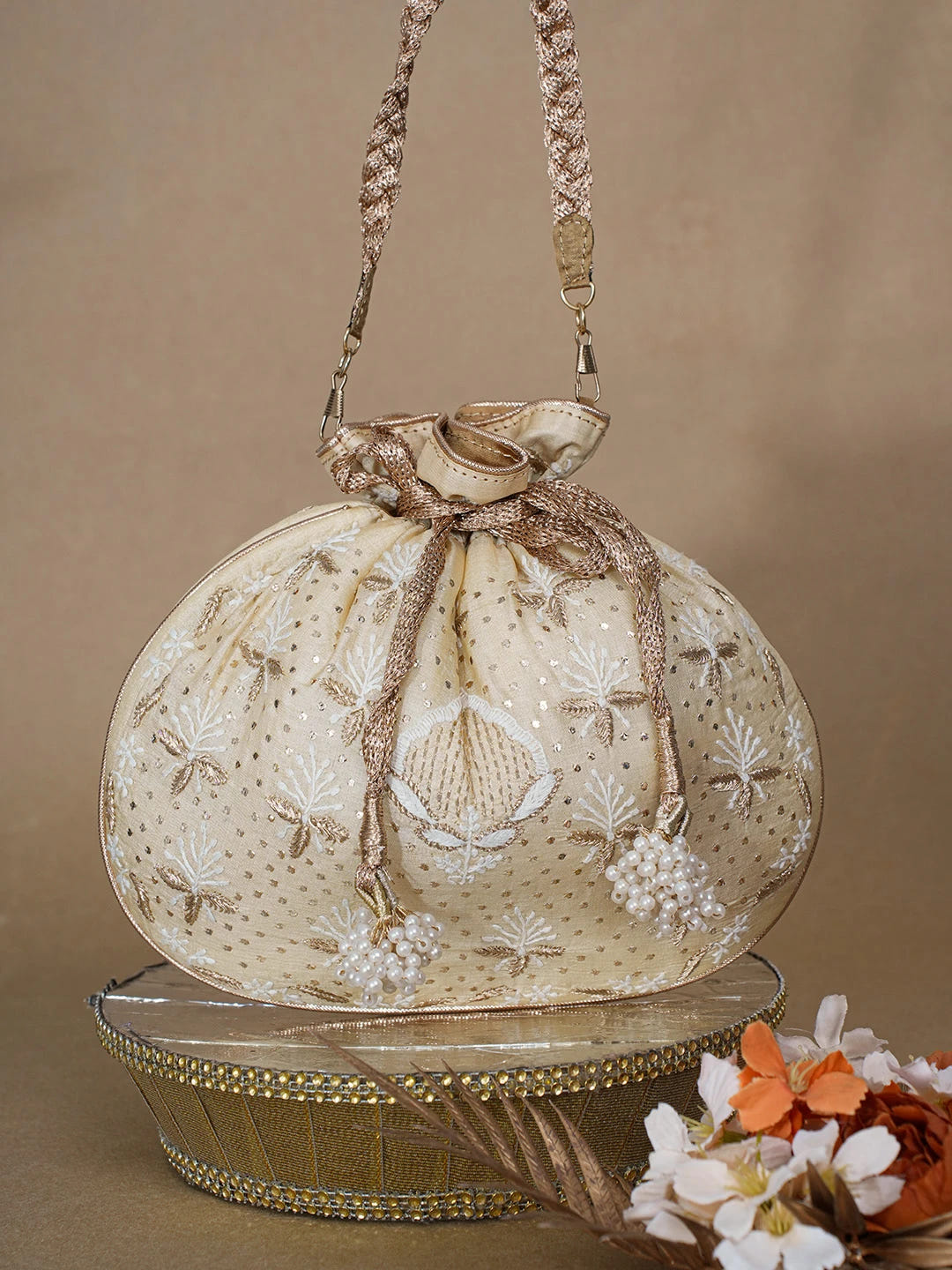 Ada Hand Embroidered Beige Gold Silk Lucknowi Chikankari Potli Bag With Zari Work 01A663918