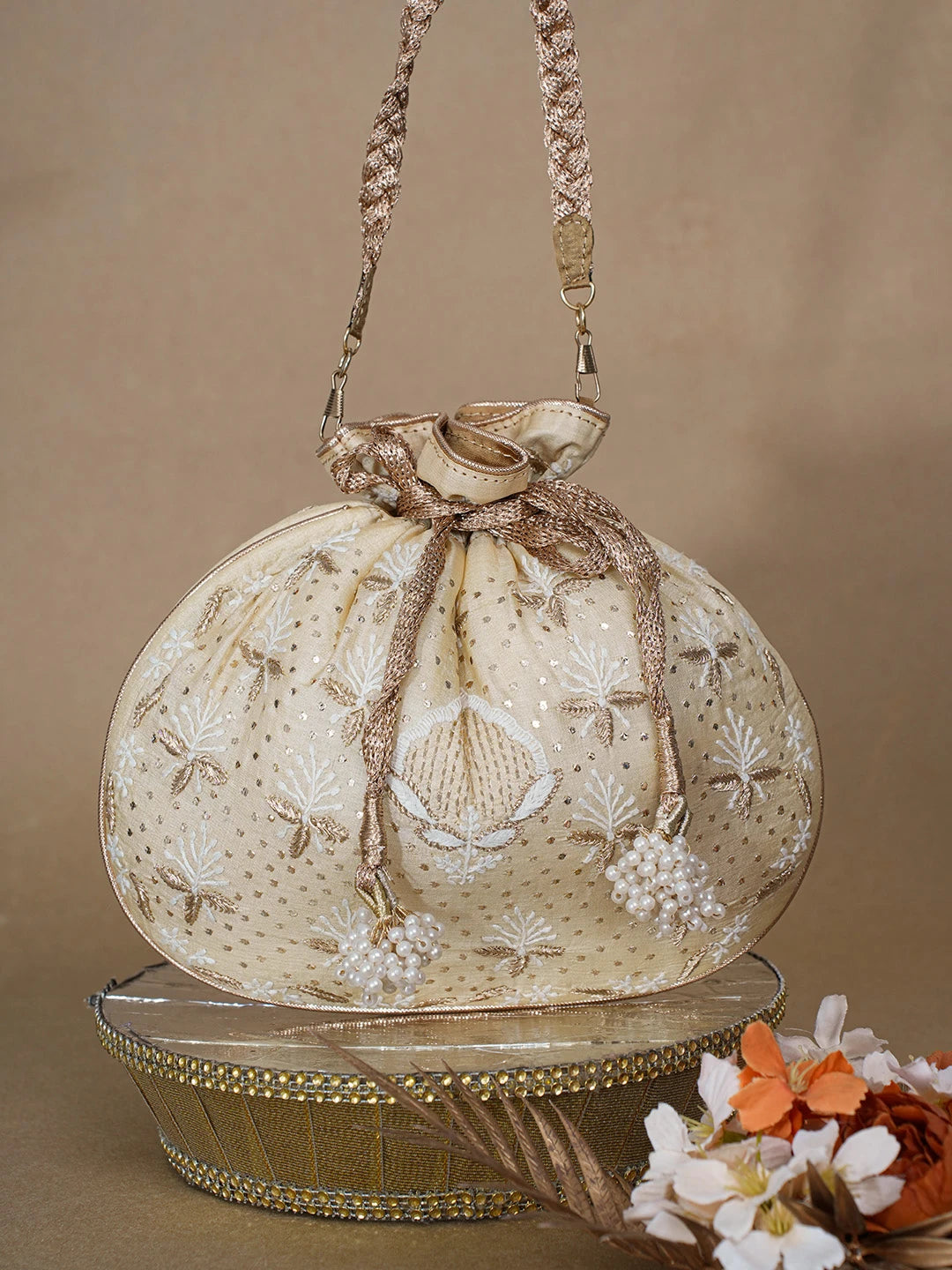 Ada Hand Embroidered Beige Gold Silk Lucknowi Chikankari Potli Bag With Zari Work 01A663918
