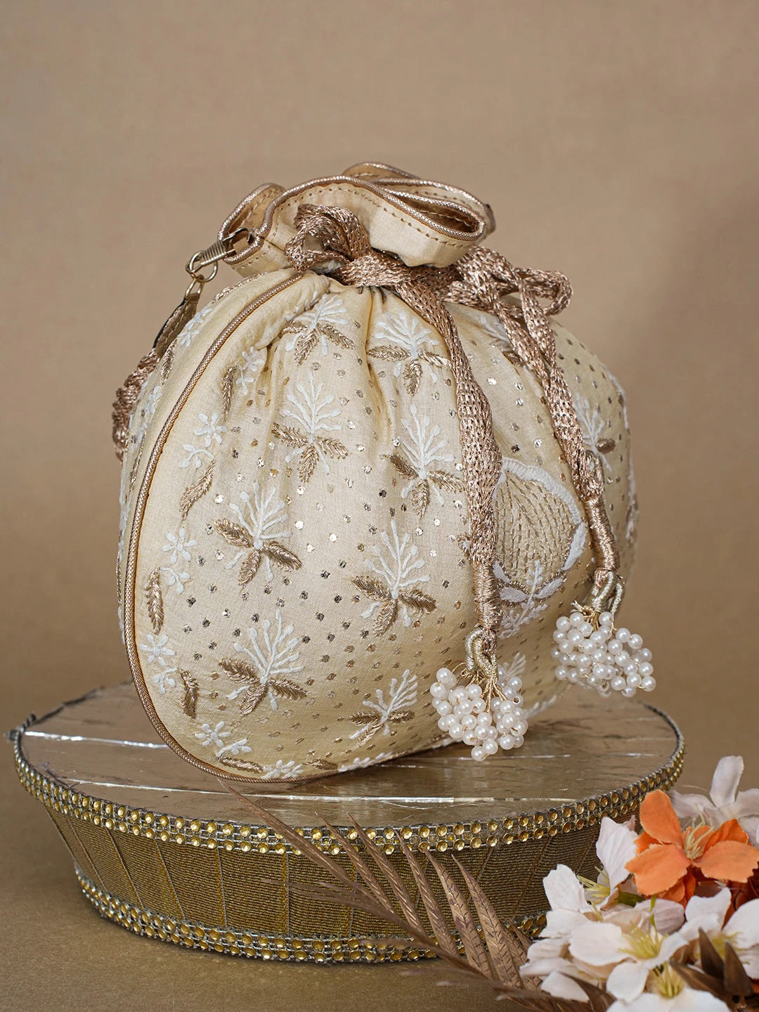 Ada Hand Embroidered Beige Gold Silk Lucknowi Chikankari Potli Bag With Zari Work 01A663918