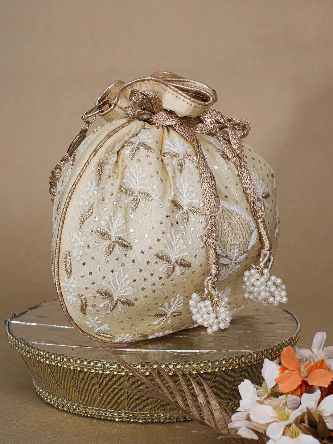 Ada Hand Embroidered Beige Gold Silk Lucknowi Chikankari Potli Bag With Zari Work 01A663918