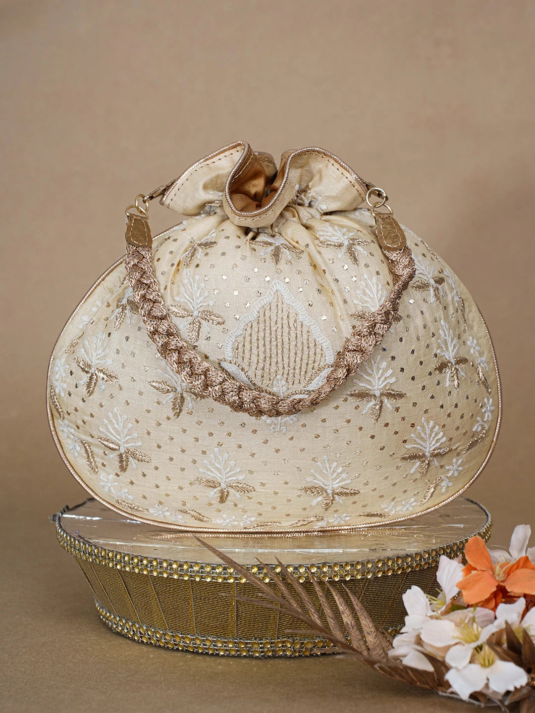 Ada Hand Embroidered Beige Gold Silk Lucknowi Chikankari Potli Bag With Zari Work 01A663918