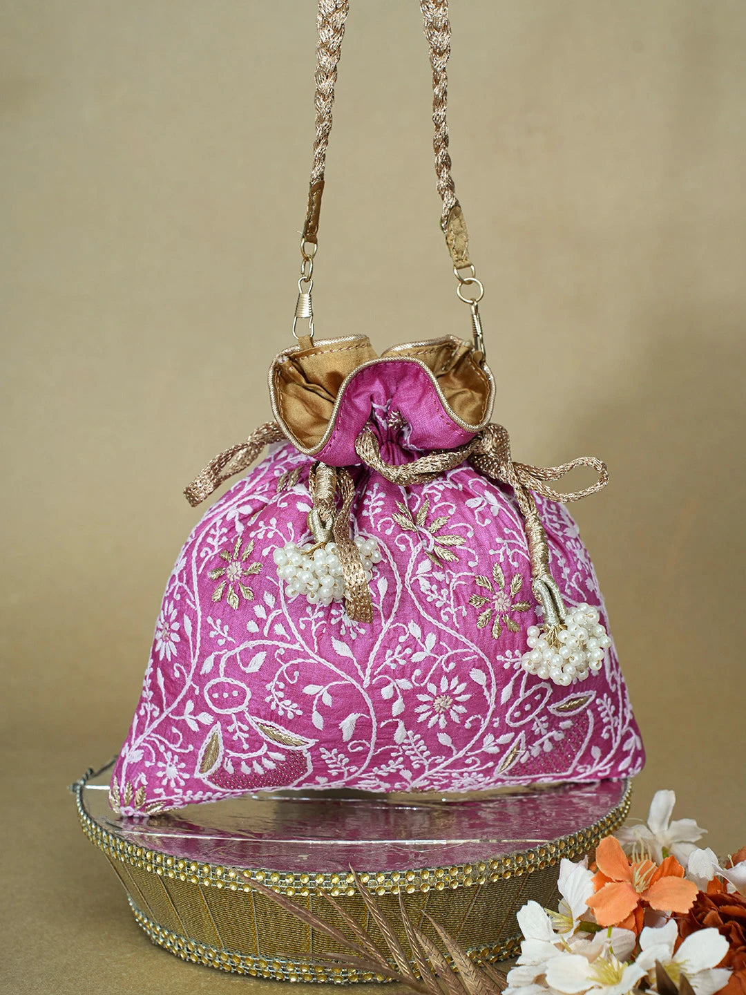 Ada Hand Embroidered Magenta Silk Lucknowi Chikankari Potli Bag With Zari Work 01A662356
