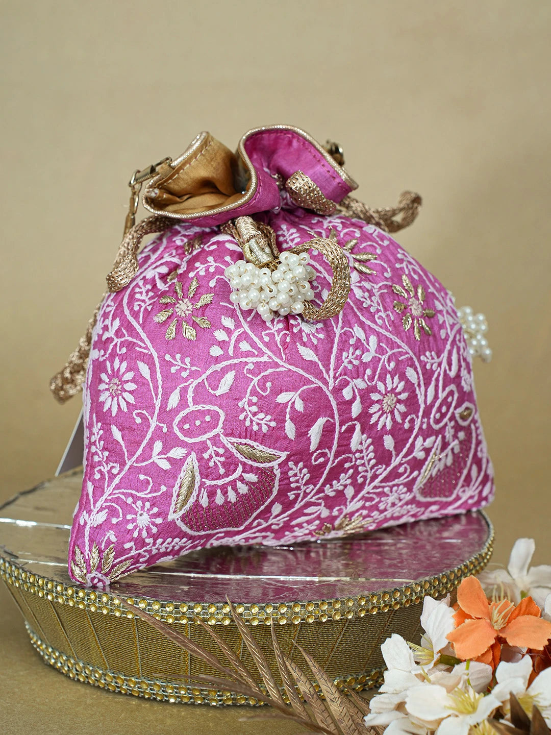 Ada Hand Embroidered Magenta Silk Lucknowi Chikankari Potli Bag With Zari Work 01A662356