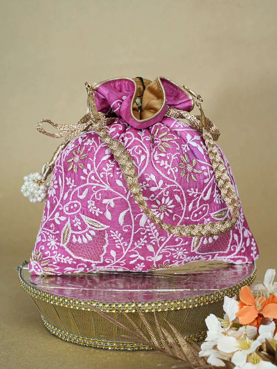 Ada Hand Embroidered Magenta Silk Lucknowi Chikankari Potli Bag With Zari Work 01A662356