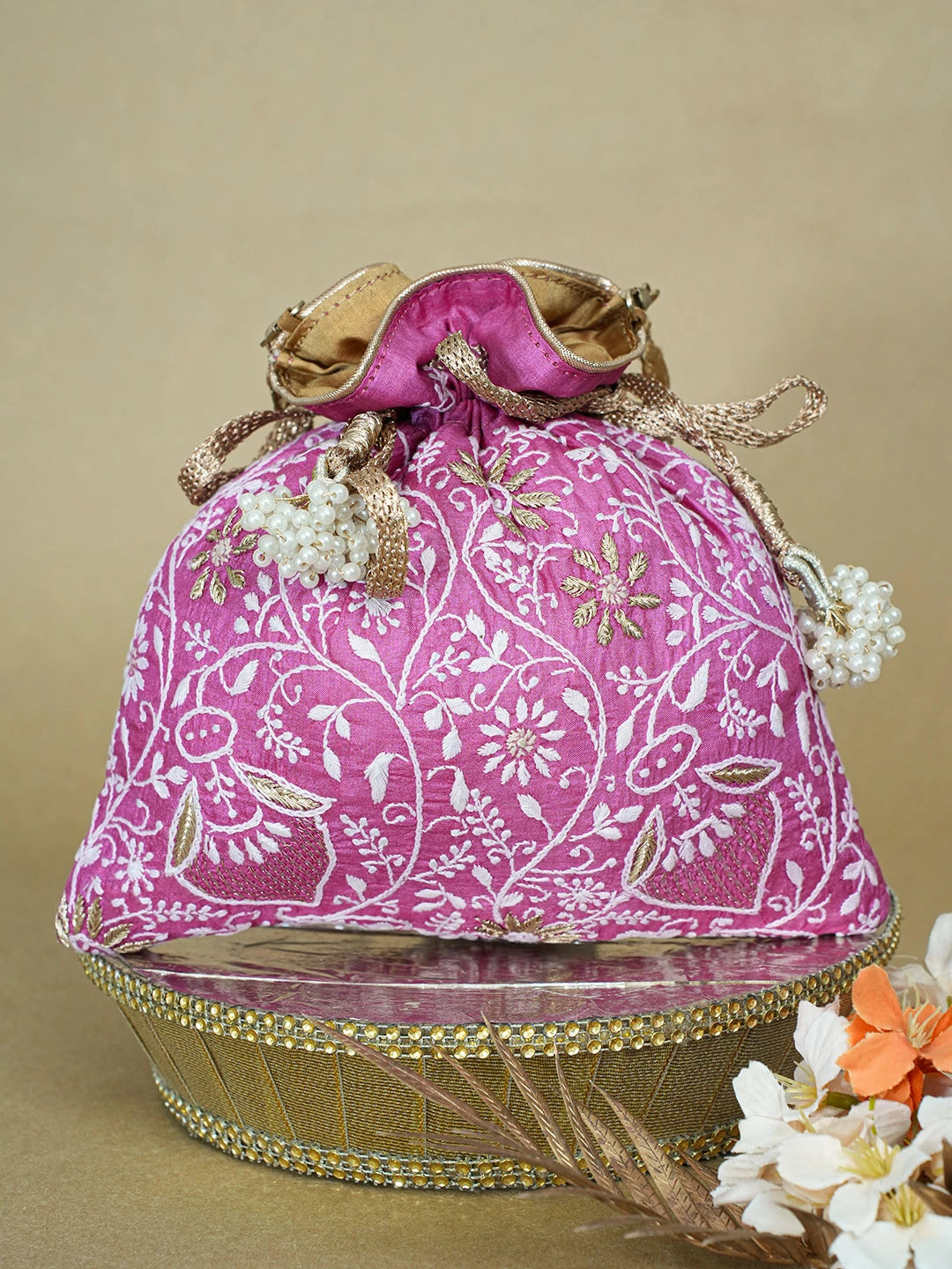 Ada Hand Embroidered Magenta Silk Lucknowi Chikankari Potli Bag With Zari Work 01A662356