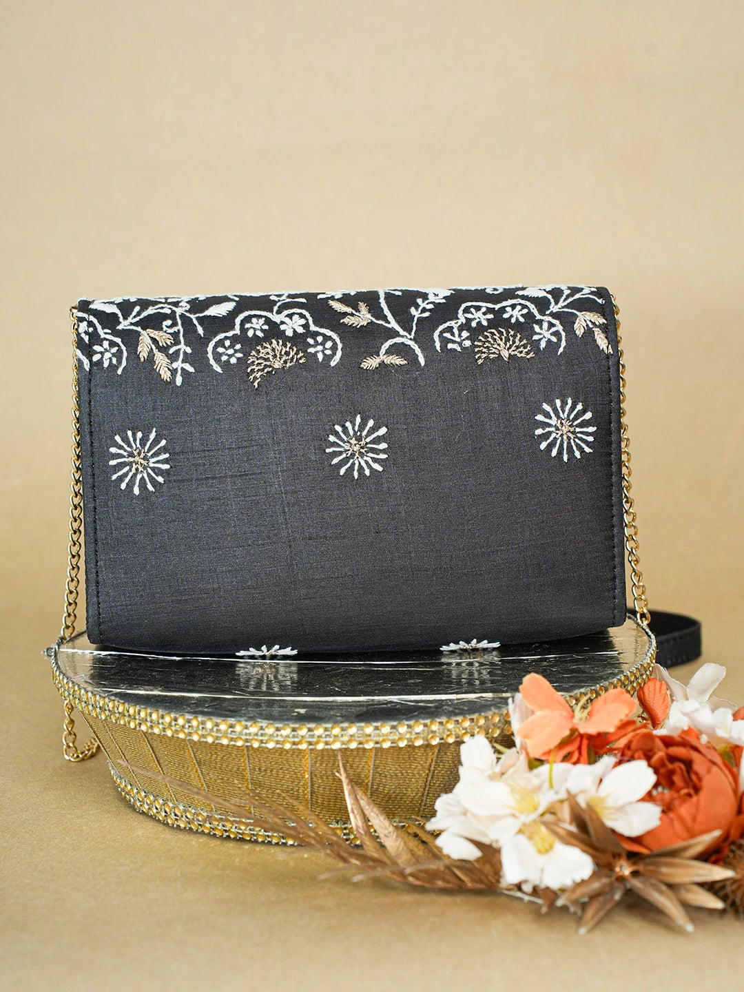 Ada Hand Embroidered Black Silk Lucknowi Chikankari Clutch With Zari Work 01A636449