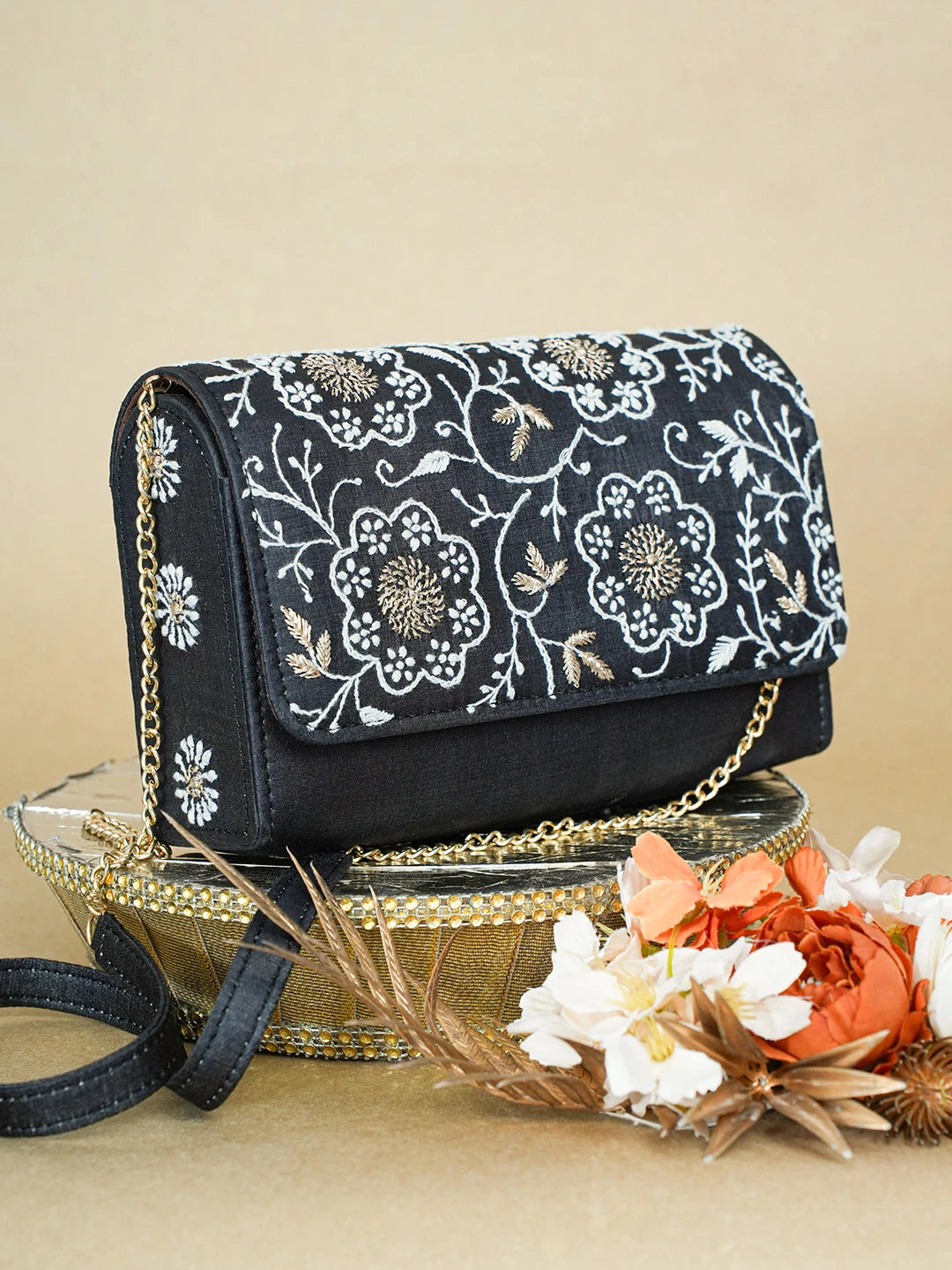Ada Hand Embroidered Black Silk Lucknowi Chikankari Clutch With Zari Work 01A636449