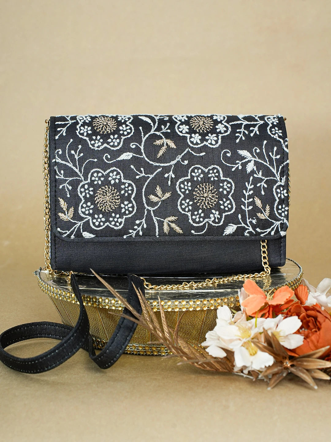 Ada Hand Embroidered Black Silk Lucknowi Chikankari Clutch With Zari Work 01A636449
