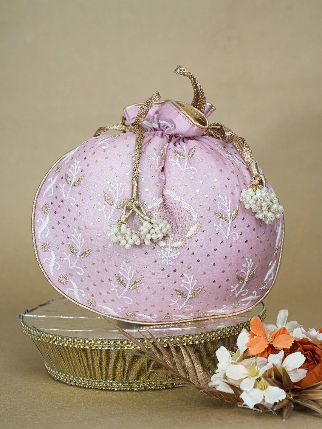 Ada Hand Embroidered Pink Silk Lucknowi Chikankari Potli Bag With Muqaish Work 01A663926