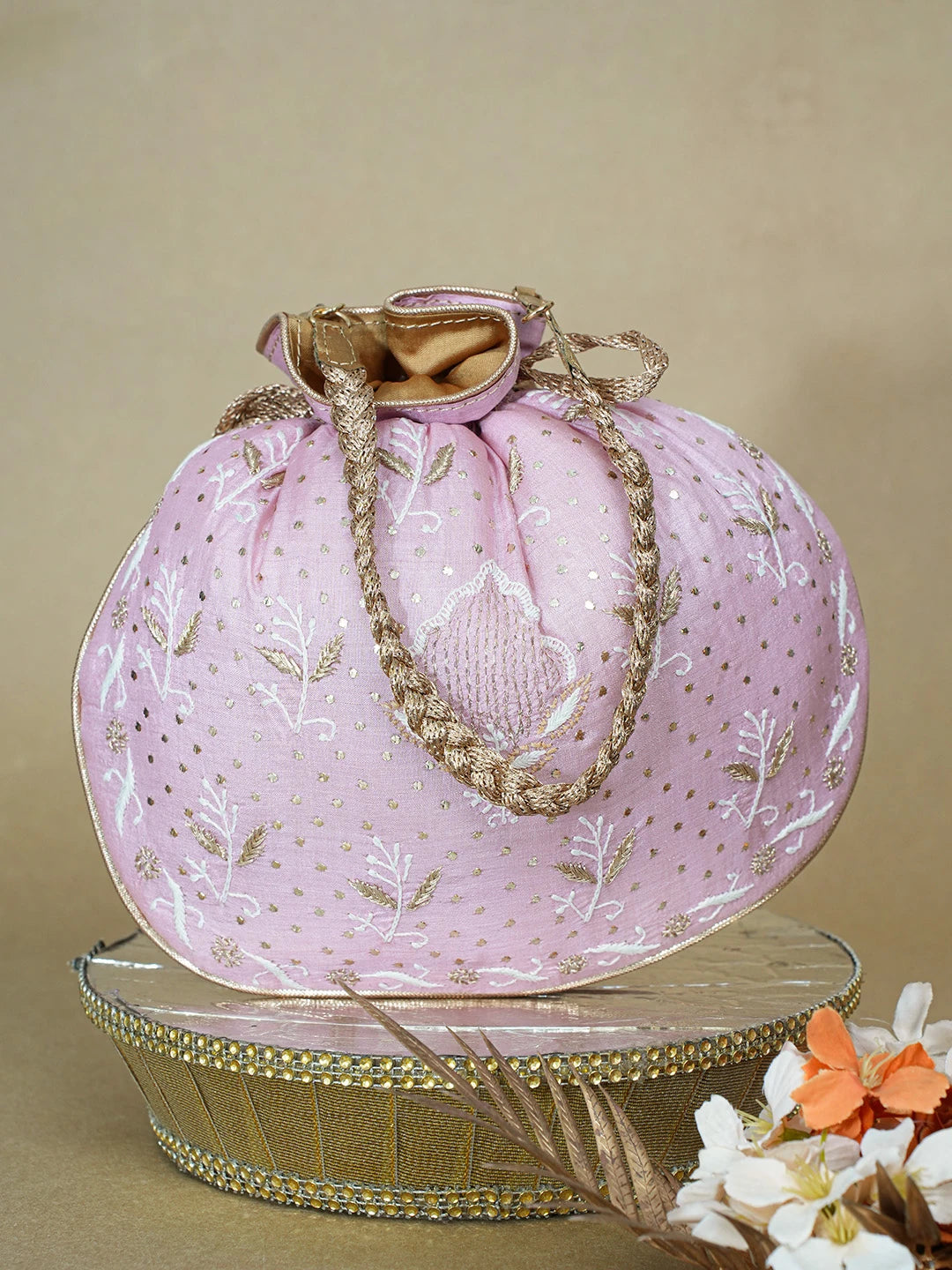 Ada Hand Embroidered Pink Silk Lucknowi Chikankari Potli Bag With Muqaish Work 01A663926