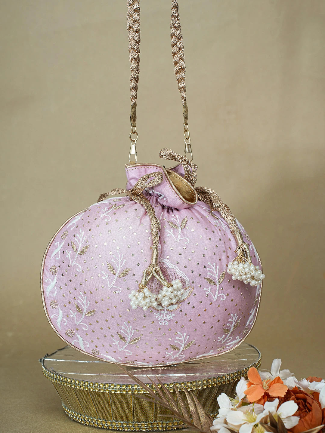 Ada Hand Embroidered Pink Silk Lucknowi Chikankari Potli Bag With Muqaish Work 01A663926