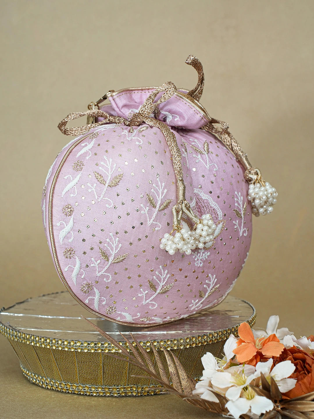 Ada Hand Embroidered Pink Silk Lucknowi Chikankari Potli Bag With Muqaish Work 01A663926