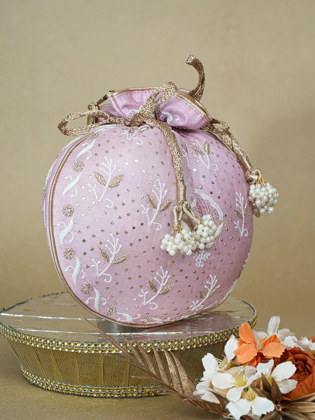 Ada Hand Embroidered Pink Silk Lucknowi Chikankari Potli Bag With Muqaish Work 01A663926