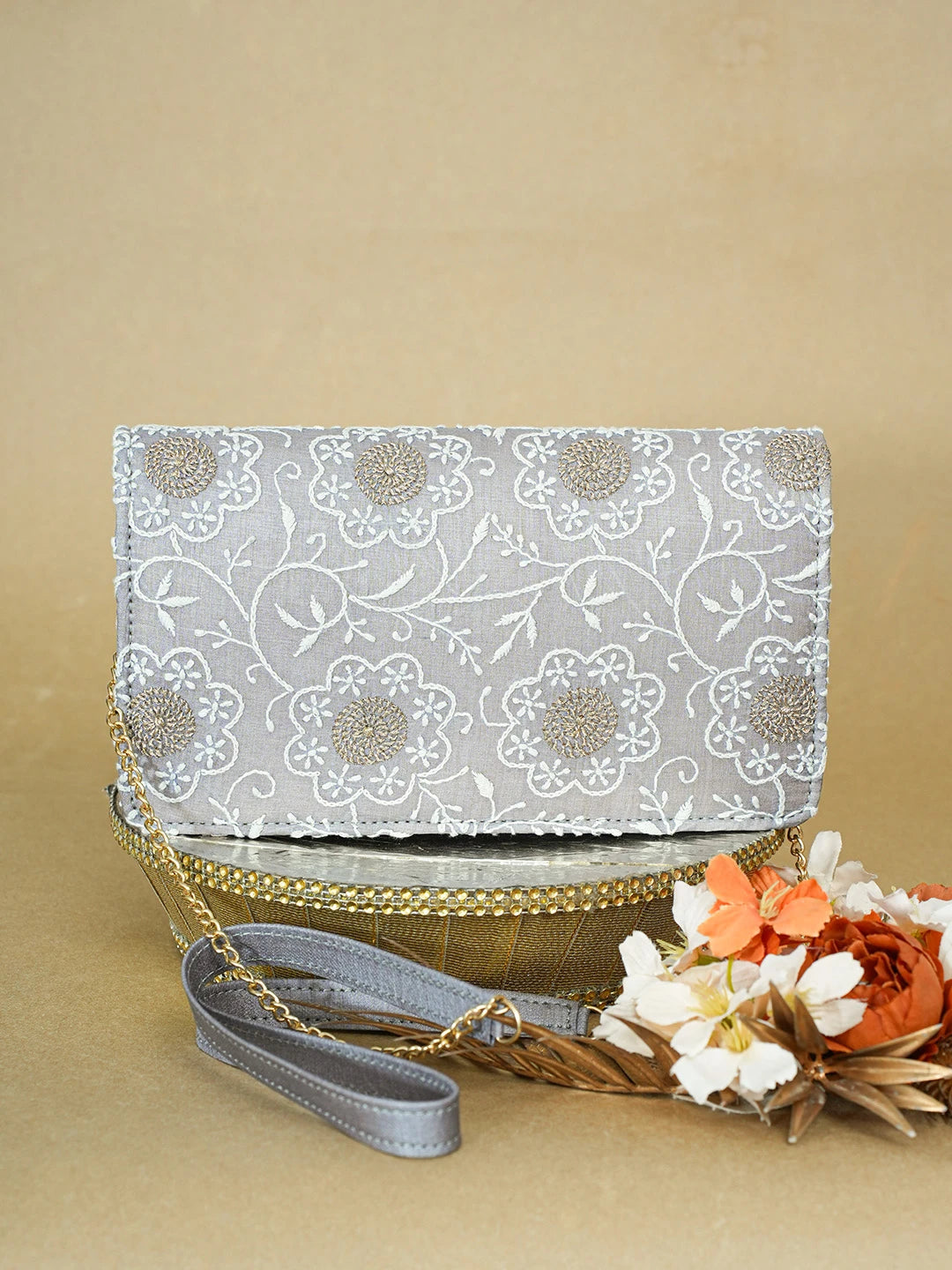 Ada Hand Embroidered Grey Silk Lucknowi Chikankari Clutch With Zari Work 01A653262