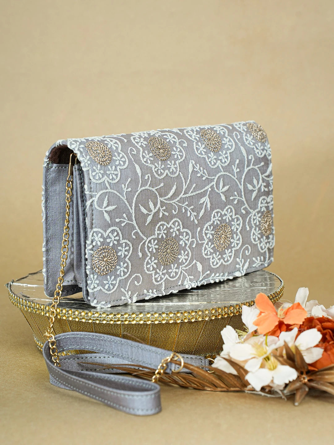 Ada Hand Embroidered Grey Silk Lucknowi Chikankari Clutch With Zari Work 01A653262