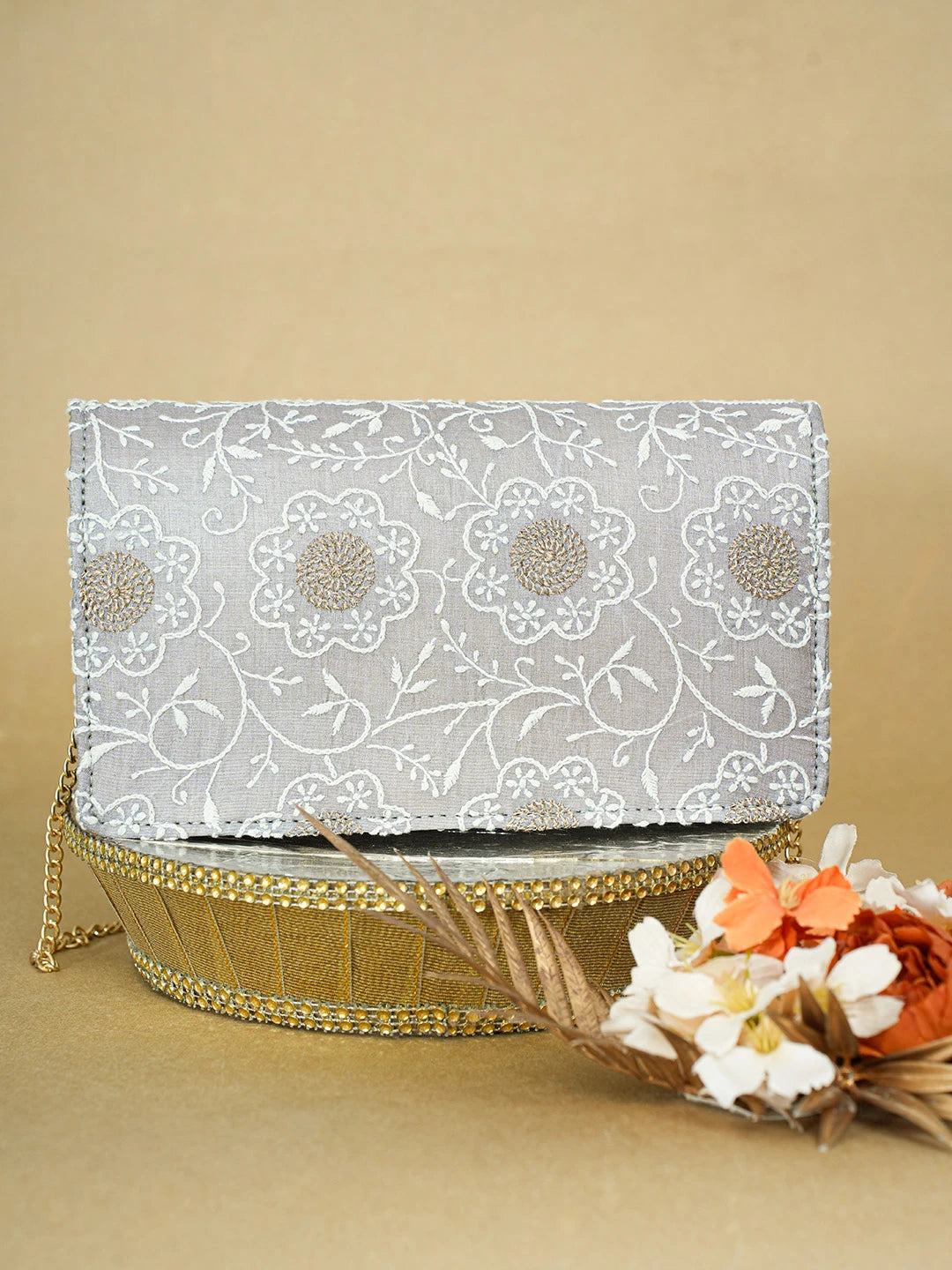 Ada Hand Embroidered Grey Silk Lucknowi Chikankari Clutch With Zari Work 01A653262