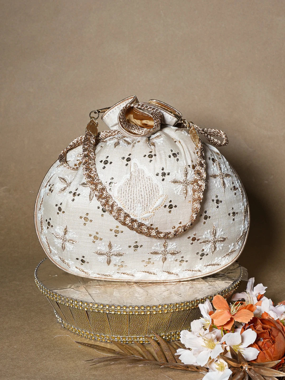 Ada Hand Embroidered Pearl White Silk Lucknowi Chikankari Potli Bag With Zari Work 01A663923