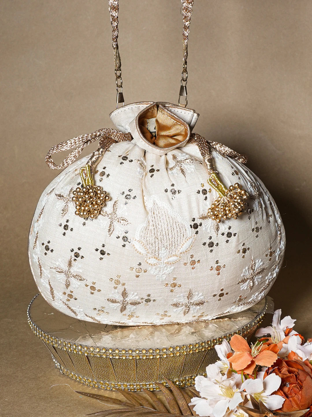 Ada Hand Embroidered Pearl White Silk Lucknowi Chikankari Potli Bag With Zari Work 01A663923
