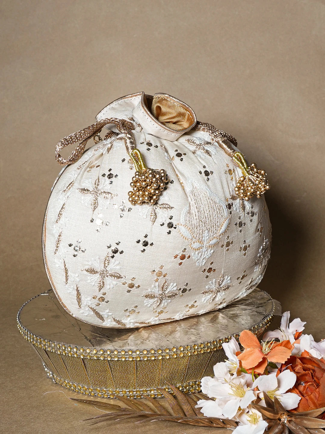 Ada Hand Embroidered Pearl White Silk Lucknowi Chikankari Potli Bag With Zari Work 01A663923