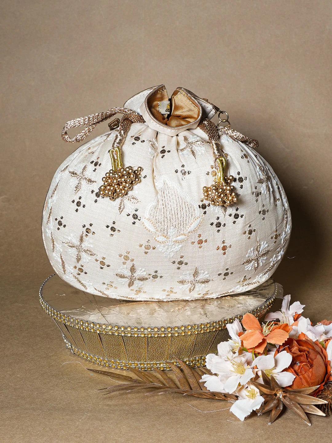 Ada Hand Embroidered Pearl White Silk Lucknowi Chikankari Potli Bag With Zari Work 01A663923
