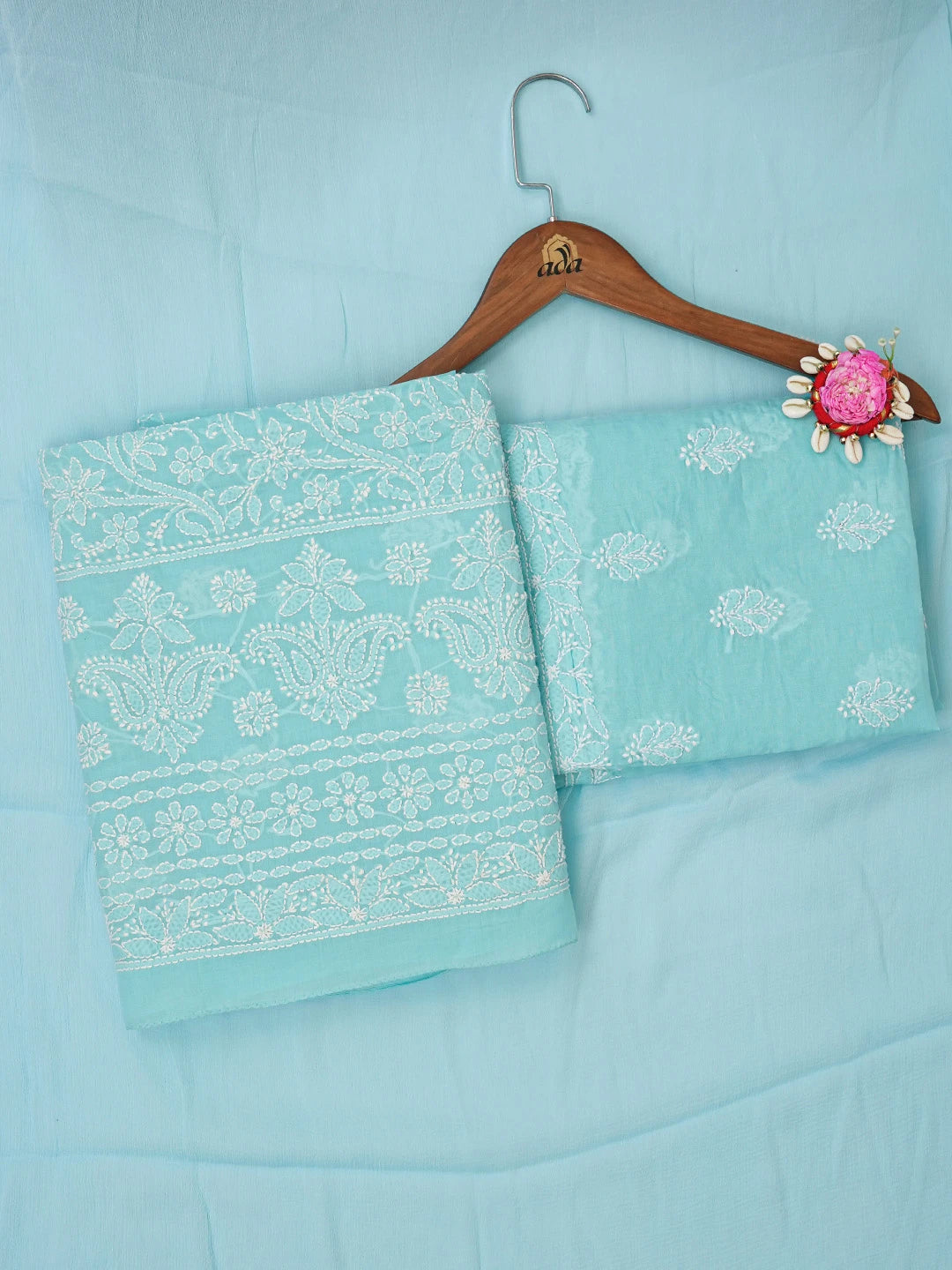 Ada Hand Embroider Blue Cotton Lucknowi Chikankari Unstitched Suit Piece 01A633685