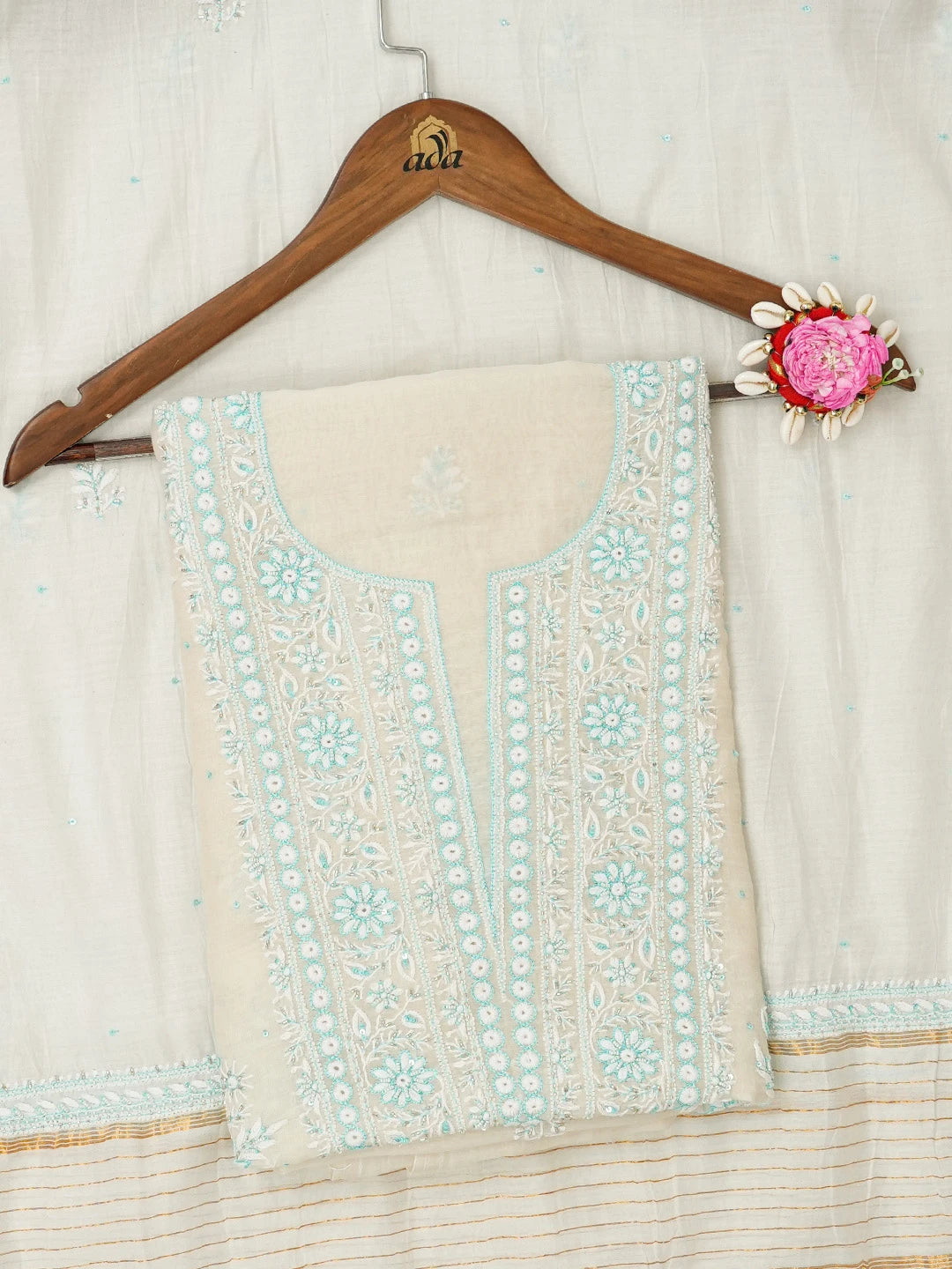 Ada Hand Embroidered Cream Chanderi Lucknowi Chikankari Unstitched Kurta Dupatta Set With Cutdana and Sequinned Work 01A657820
