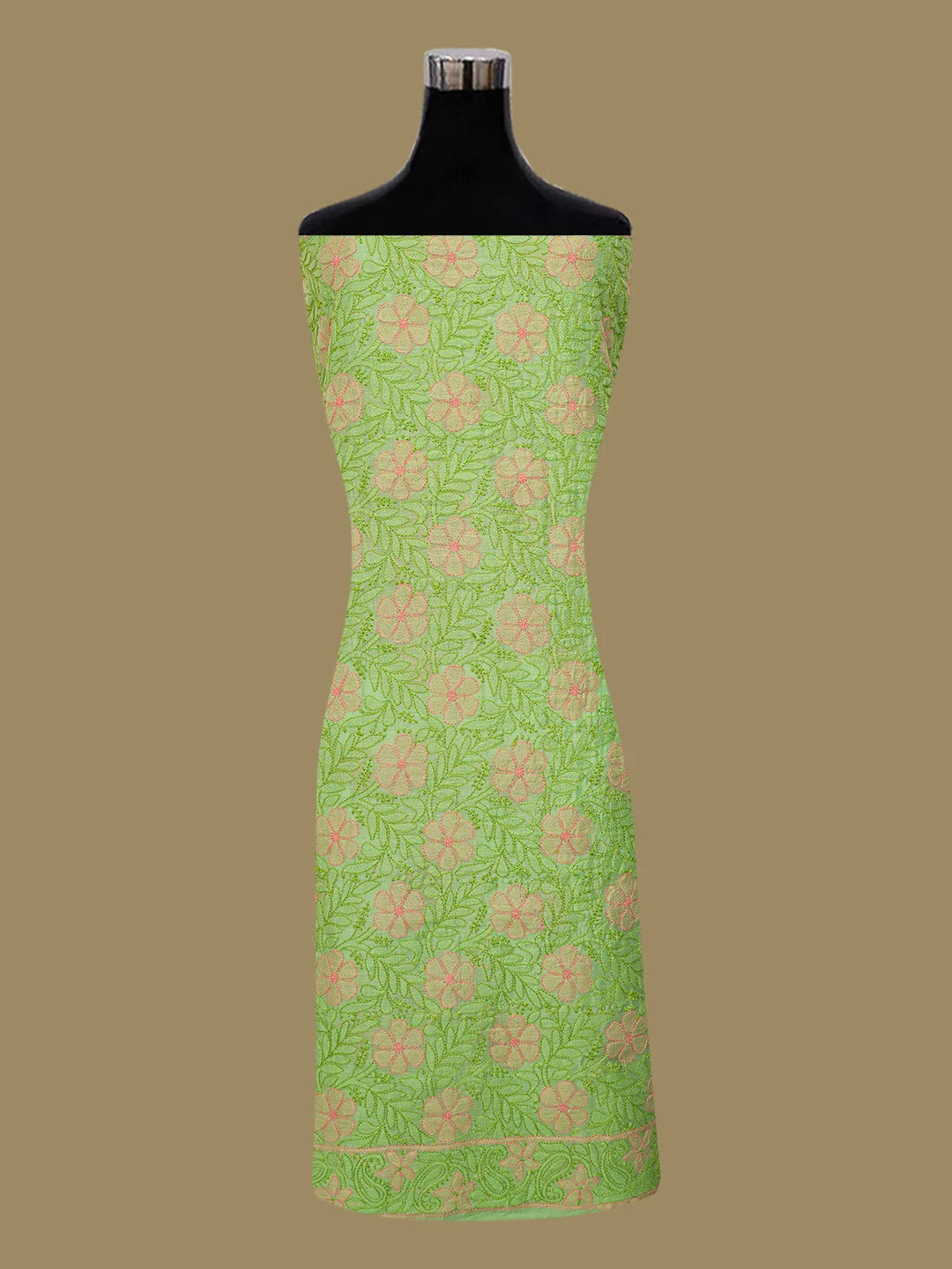 Ada Hand Embroidered Green Chanderi Lucknowi Chikankari Unstitched Kurta Dupatta Set 01A647133