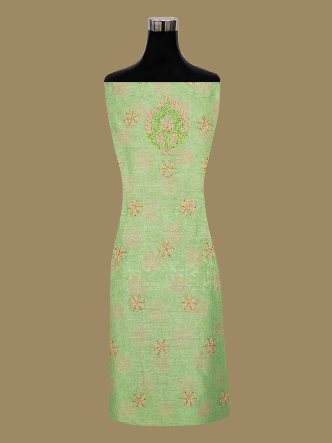 Ada Hand Embroidered Green Chanderi Lucknowi Chikankari Unstitched Kurta Dupatta Set 01A647133