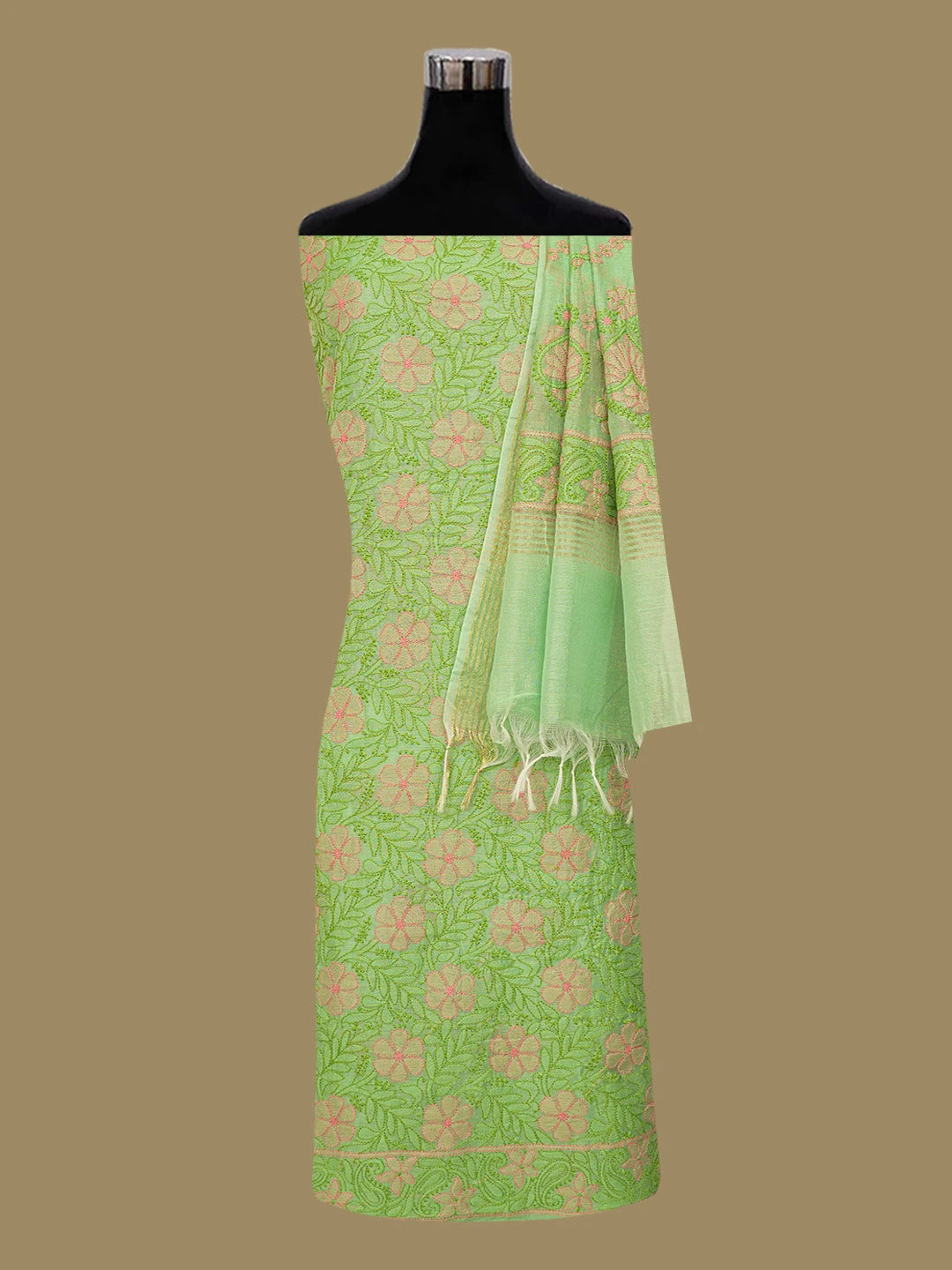 Ada Hand Embroidered Green Chanderi Lucknowi Chikankari Unstitched Kurta Dupatta Set 01A647133