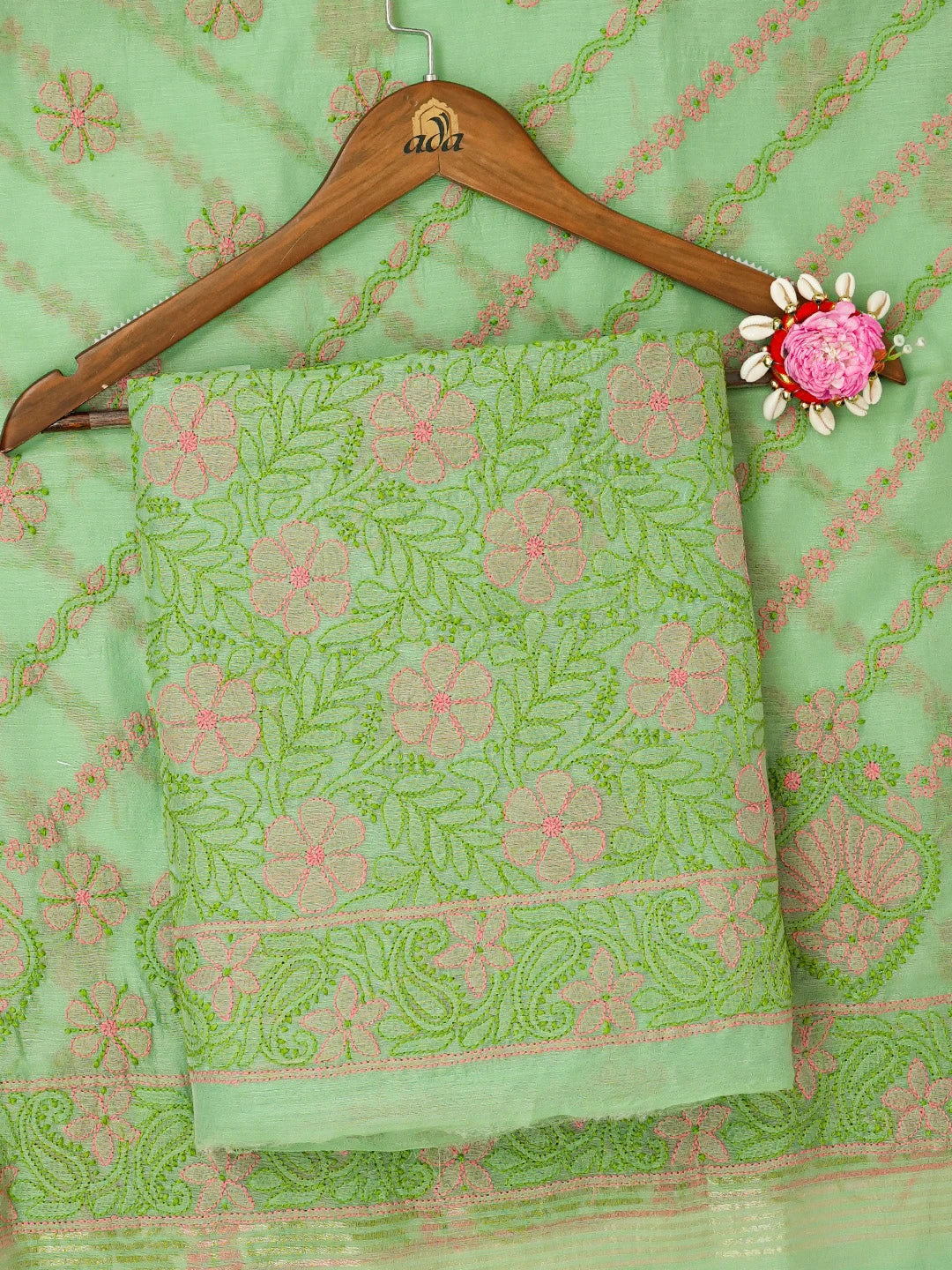 Ada Hand Embroidered Green Chanderi Lucknowi Chikankari Unstitched Kurta Dupatta Set 01A647133