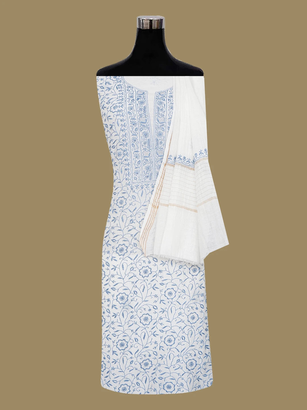 Ada Hand Embroidered Ivory White Chanderi Lucknowi Chikankari Unstitched Kurta Dupatta Set 01A664526