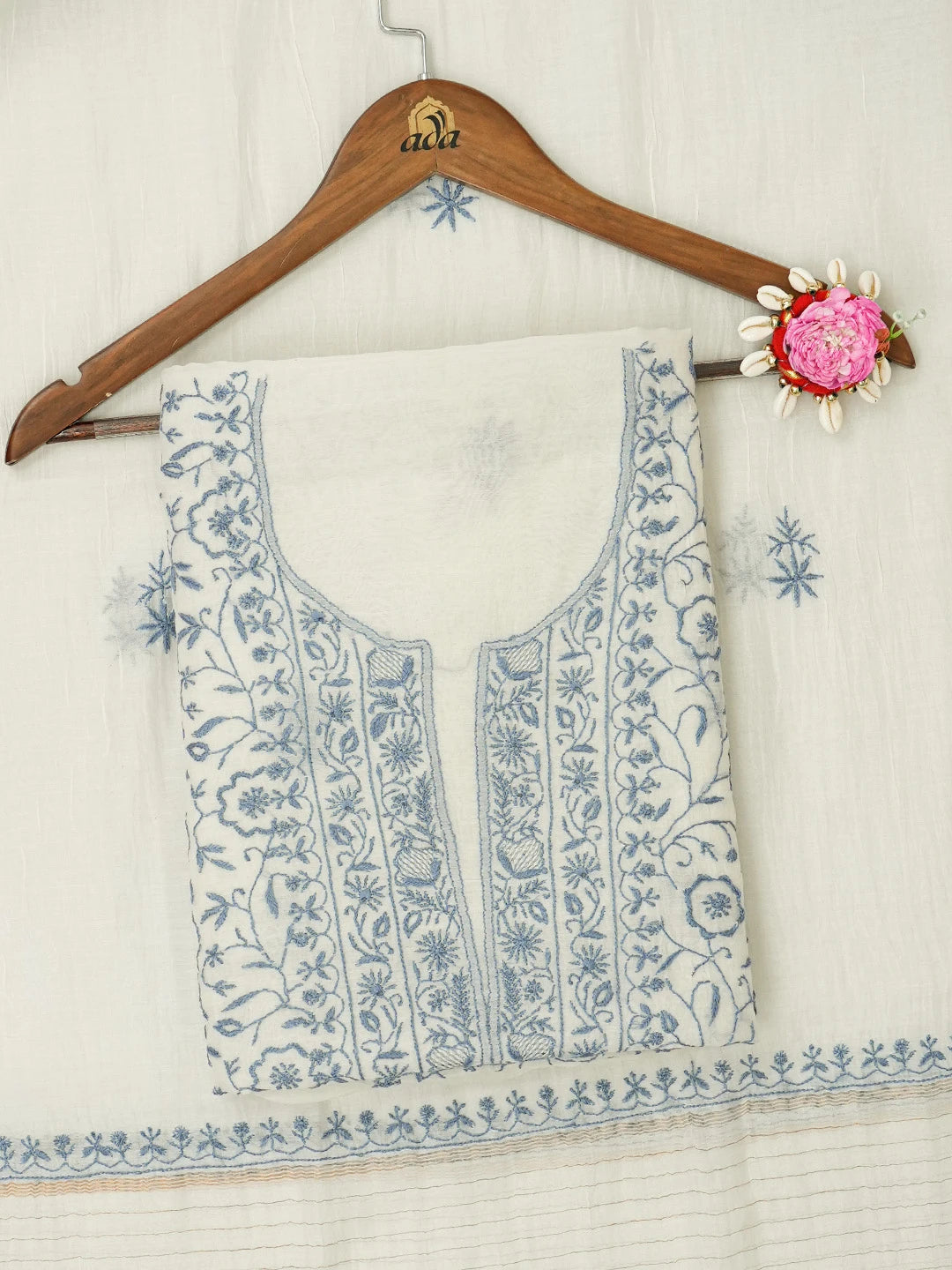 Ada Hand Embroidered Ivory White Chanderi Lucknowi Chikankari Unstitched Kurta Dupatta Set 01A664526
