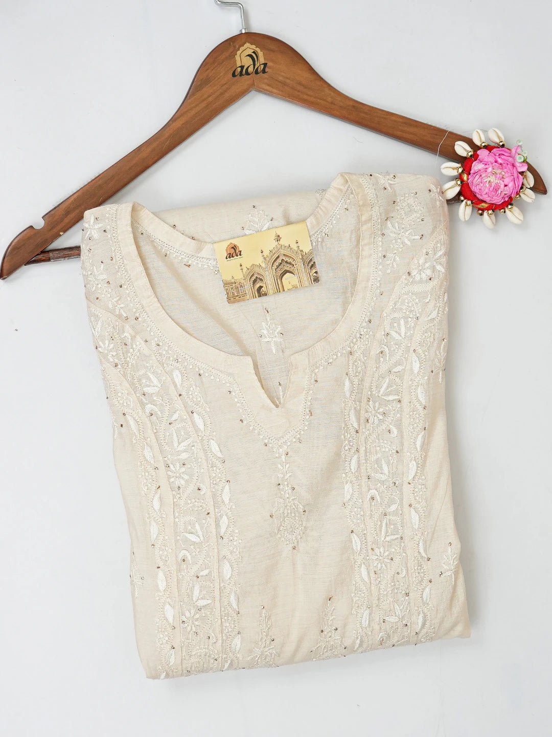 Ada Hand Embroidered Cream Chanderi Lucknowi Chikankari Semi-Stitched Kurta Piece with Muqaish Work 01A397700