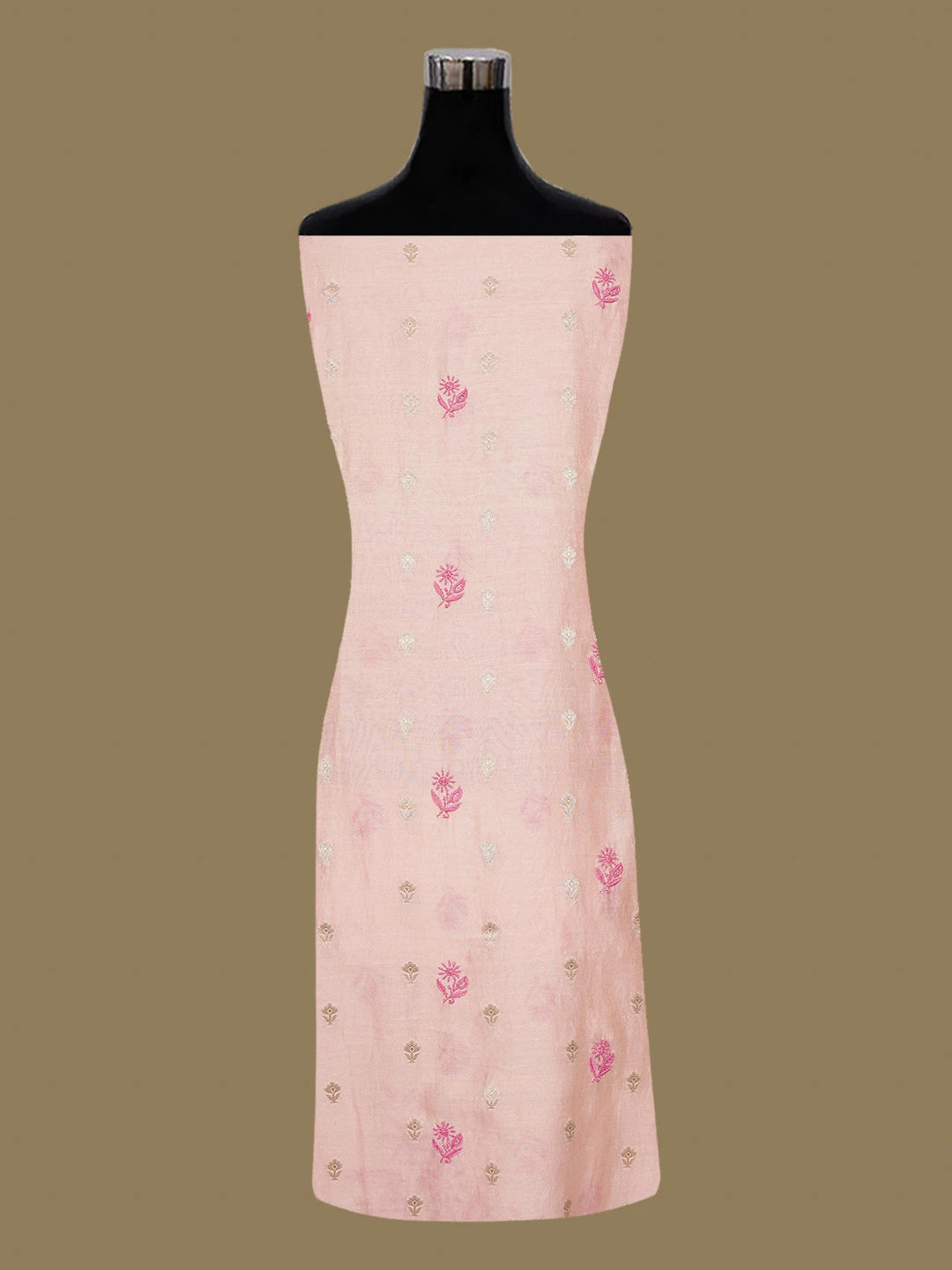 Ada Hand Embroidered Peach Chanderi Lucknowi Chikankari Unstitched Kurta Dupatta Set 01A583660