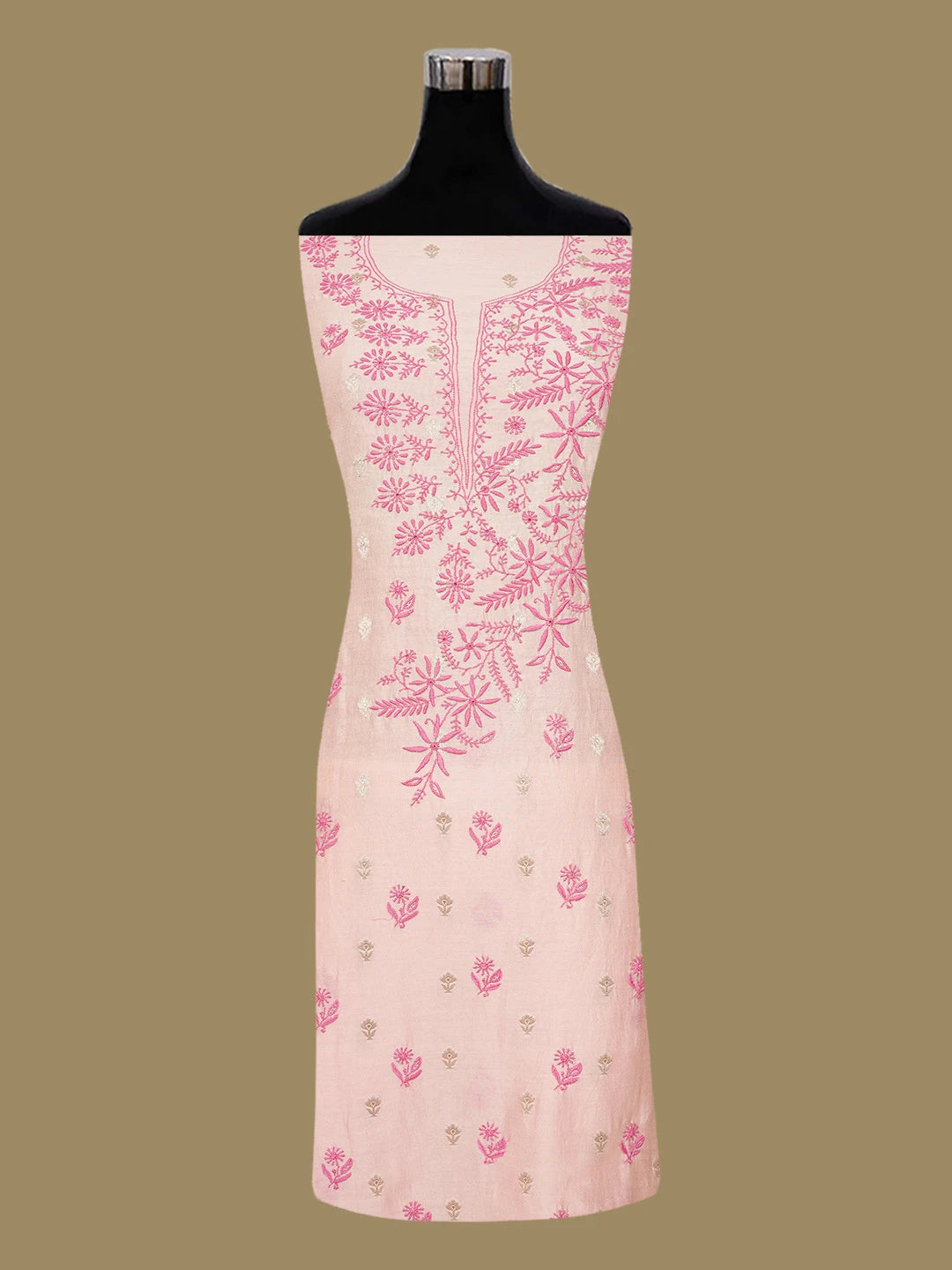 Ada Hand Embroidered Peach Chanderi Lucknowi Chikankari Unstitched Kurta Dupatta Set 01A583660
