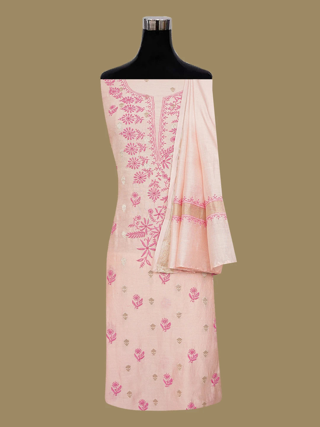 Ada Hand Embroidered Peach Chanderi Lucknowi Chikankari Unstitched Kurta Dupatta Set 01A583660