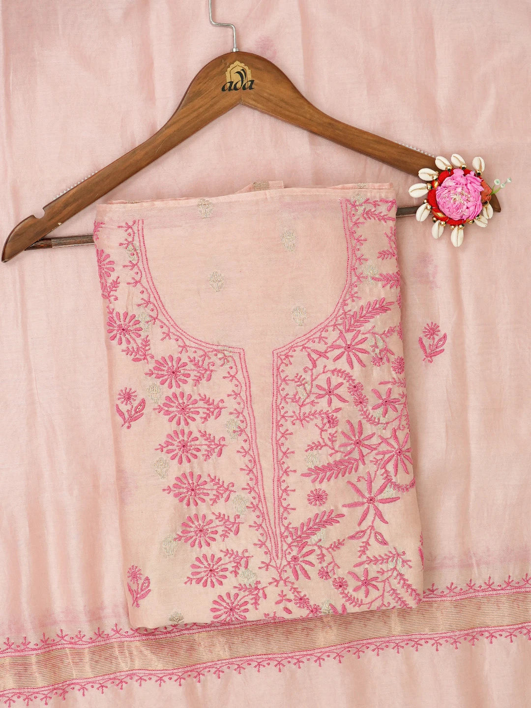Ada Hand Embroidered Peach Chanderi Lucknowi Chikankari Unstitched Kurta Dupatta Set 01A583660