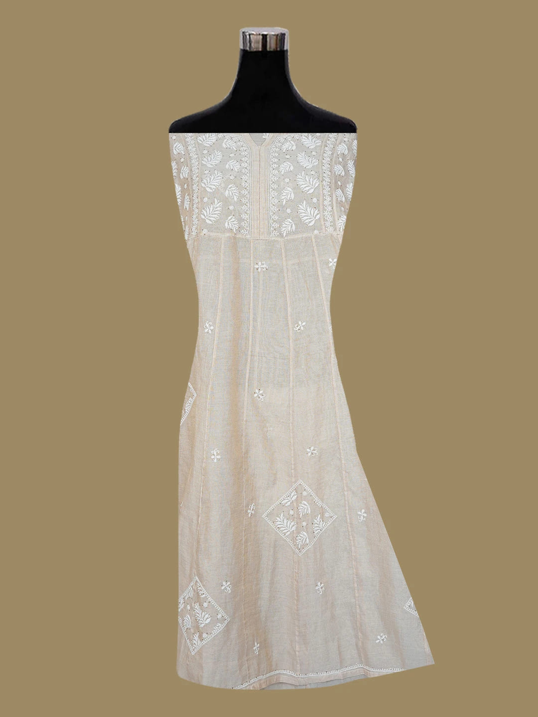 Ada Hand Embroidered Fawn Tissue Lucknowi Chikankari Semi-Stitched Kurta Piece with Muqaish Work 01A397690