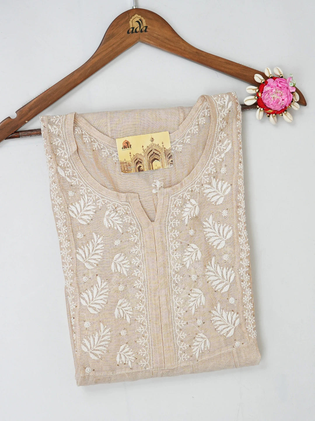 Ada Hand Embroidered Fawn Tissue Lucknowi Chikankari Semi-Stitched Kurta Piece with Muqaish Work 01A397690